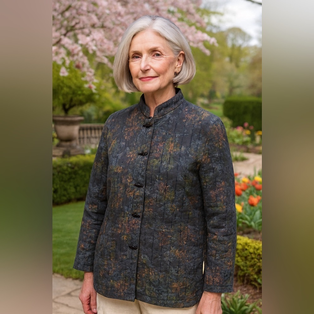 Vintage Tomorrows Dream Quilted Floral Brocade Jacket M L Mandarin Collar Frog